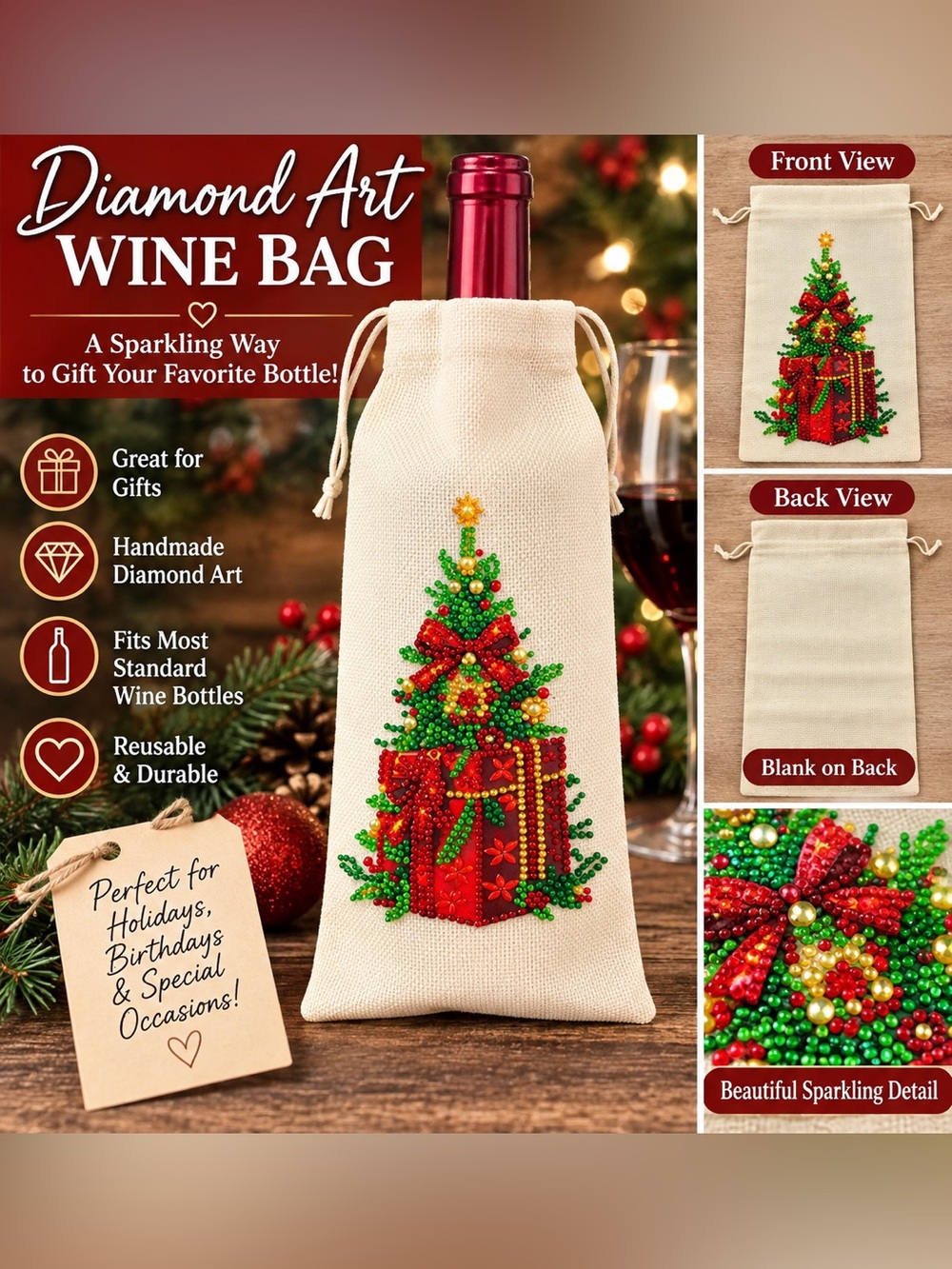 Diamond Supply Co. Cream Wine Bag with Red and Green Beaded Christmas Tree